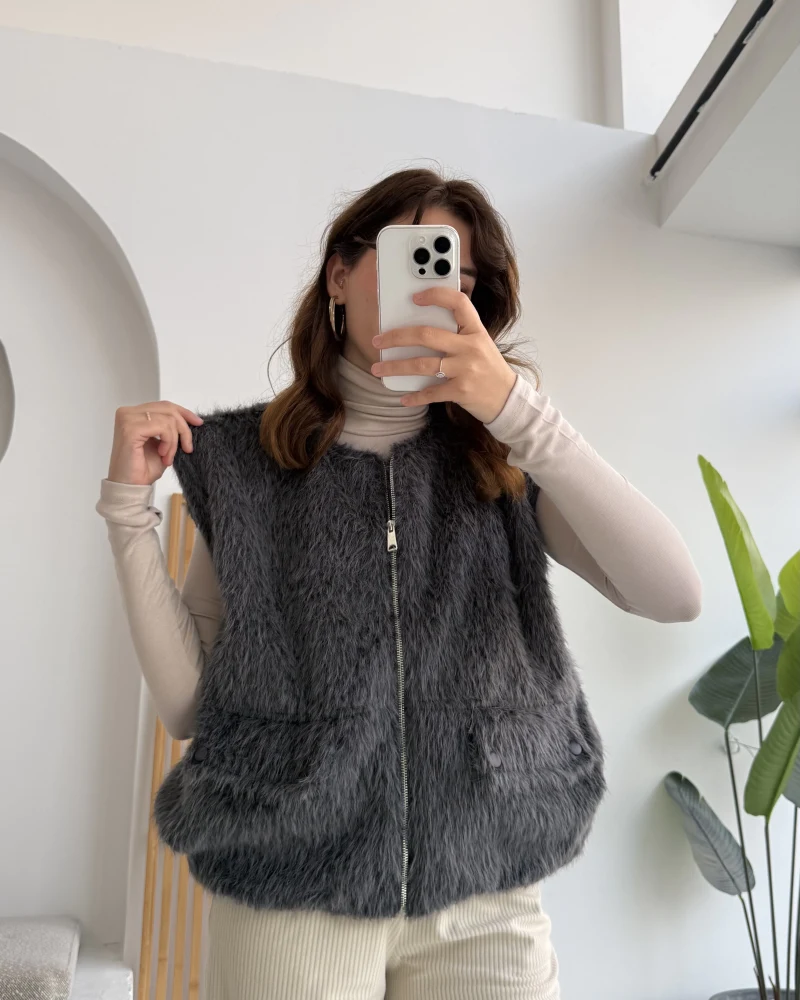 Veloura Kısa Tüylü Yelek - Antrasit - KOD:8016