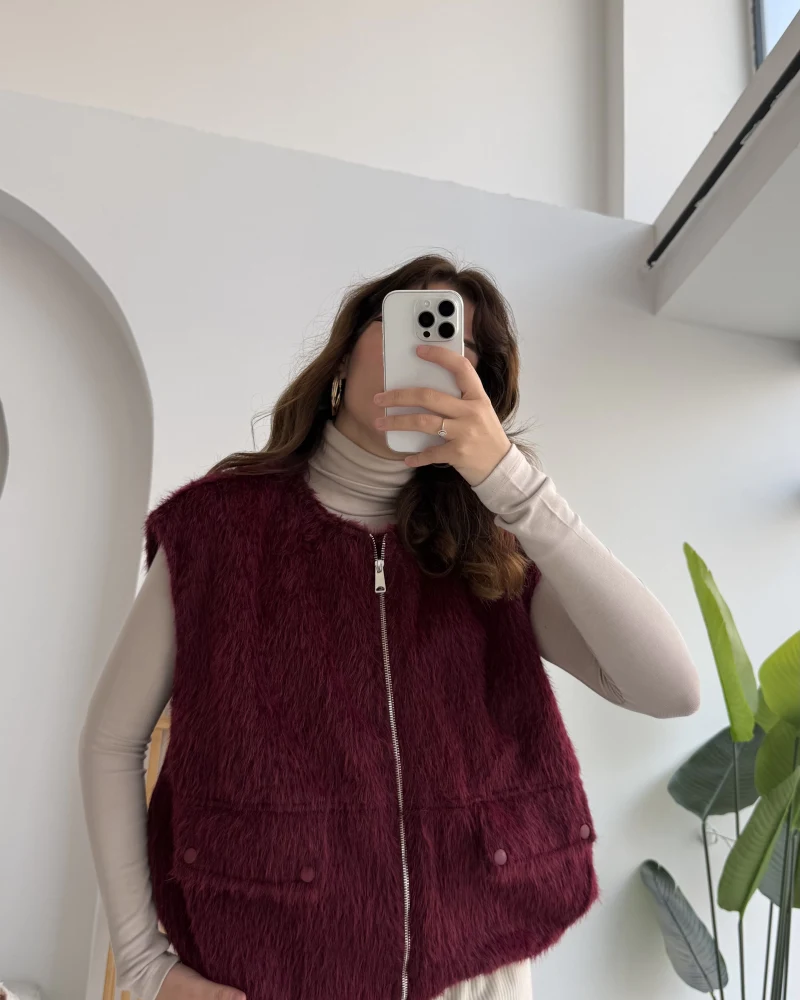 Veloura Kısa Tüylü Yelek - Bordo - KOD:8016