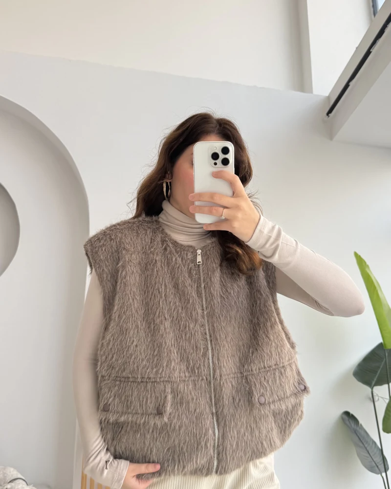 Veloura Kısa Tüylü Yelek - Kahverengi - KOD:8016