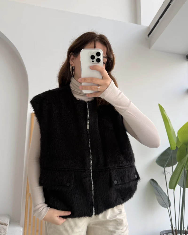 Veloura Kısa Tüylü Yelek - Siyah - KOD:8016