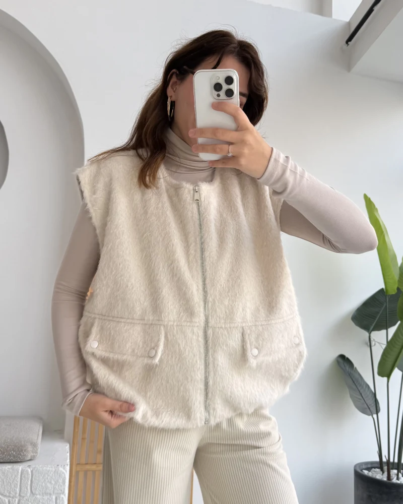 Veloura Kısa Tüylü Yelek - Taş - KOD:8016