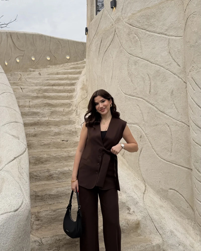 Verona Kuşaklı Yelek Takım - Acı Kahve - Kod: 8859