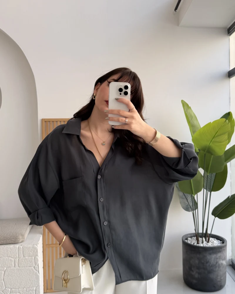 Vintage Serisi Oversize Tensel Gömlek - Antrasit - Kod: 4612