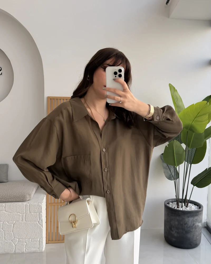 Vintage Serisi Oversize Tensel Gömlek - Haki - Kod: 4612