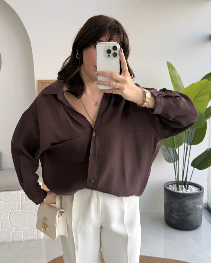 Vintage Serisi Oversize Tensel Gömlek - Kahve - Kod: 4612