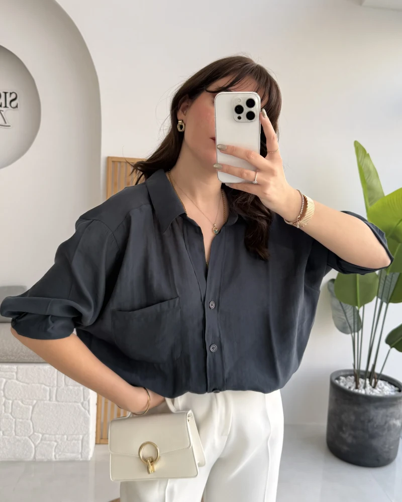 Vintage Serisi Oversize Tensel Gömlek - Lacivert - Kod: 4612