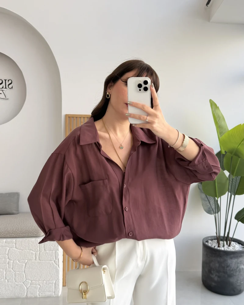 Vintage Serisi Oversize Tensel Gömlek - Mürdüm - Kod: 4612