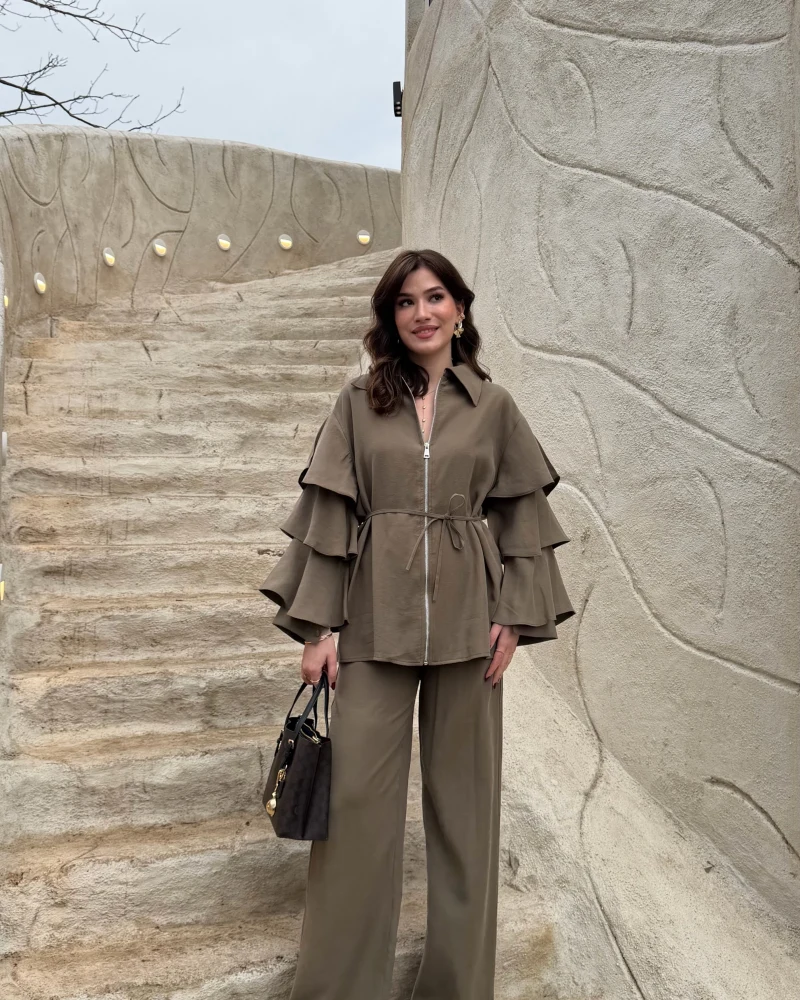 Volan Kol Detay Bağcıklı Bluz Takım - Haki - Kod: 8880