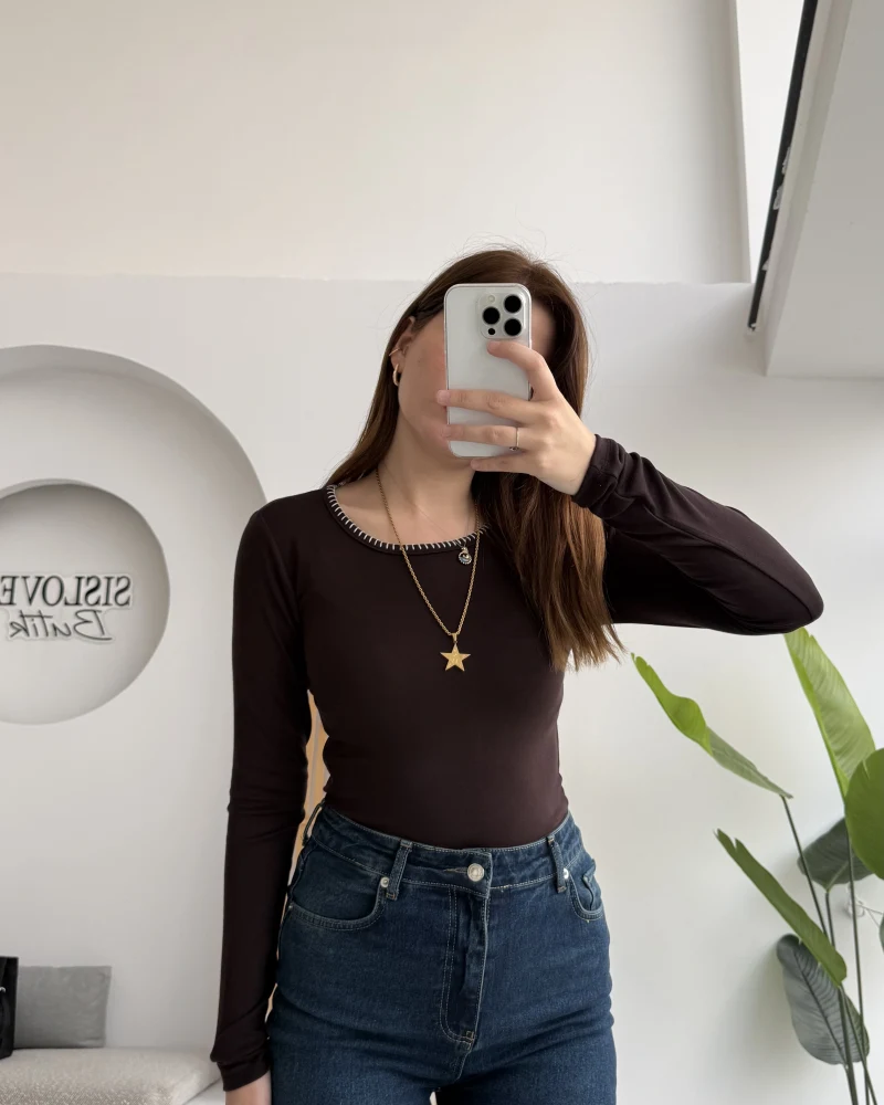 Yaka Detaylı Uzun Kol Body - Acı Kahve