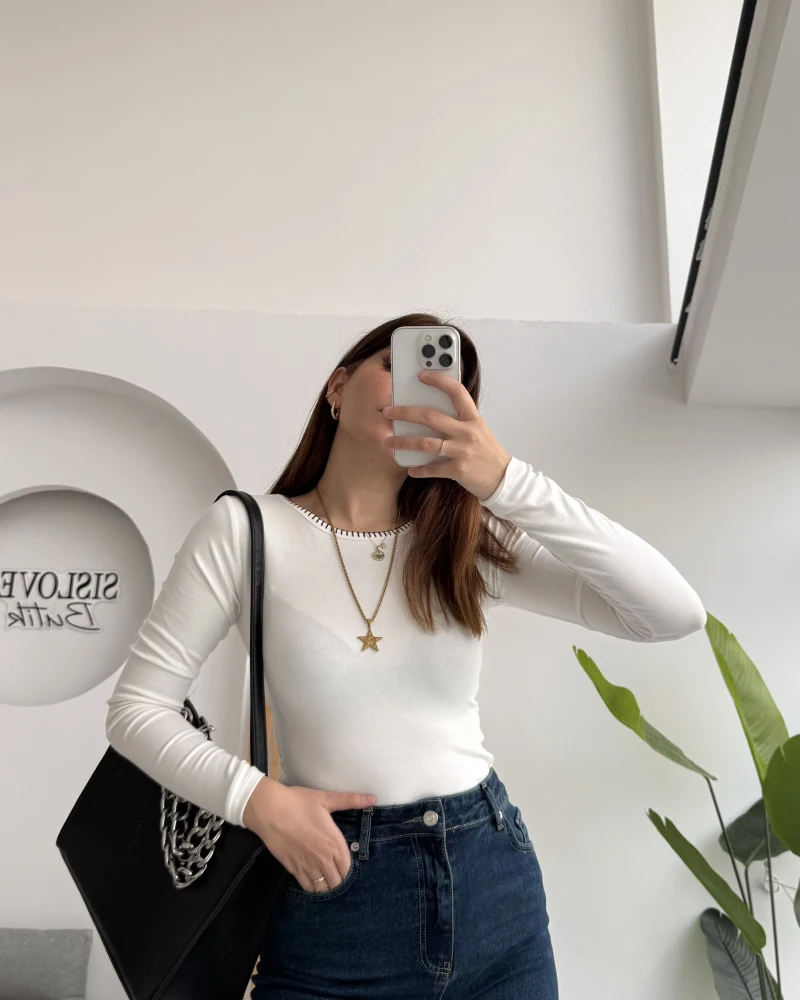 Yaka Detaylı Uzun Kol Body - Beyaz