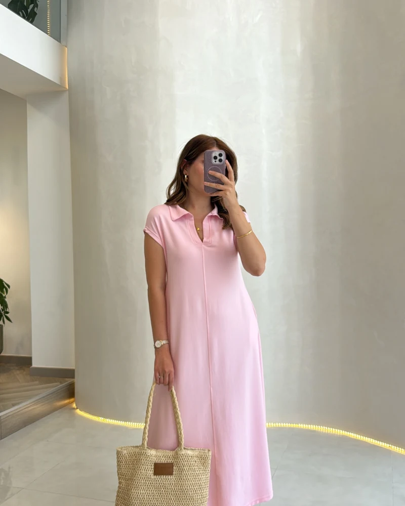 Yakalı Sıfır Kol Elbise - Pembe - Kod: 4141