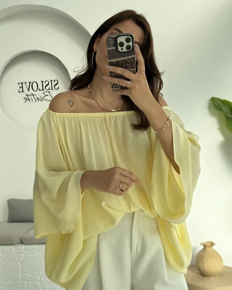 Yakası Lastikli Yarasa Kol Bluz - Sarı - 4978