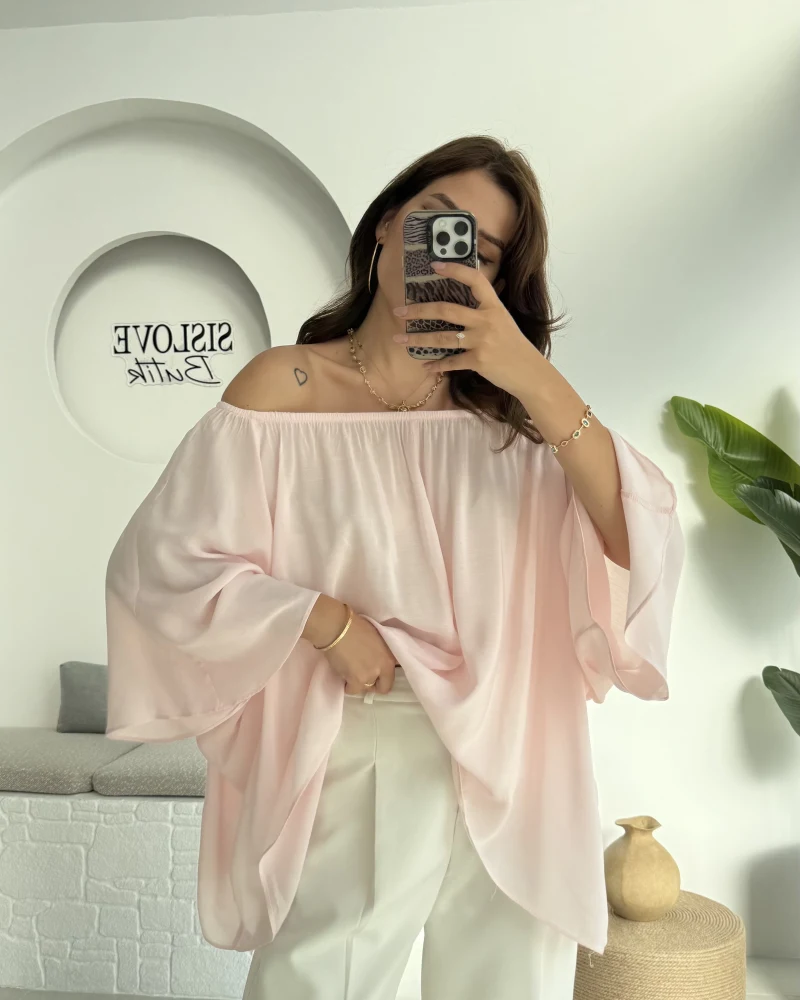 Yakası Lastikli Yarasa Kol Bluz - Şeker Pembesi - 4978