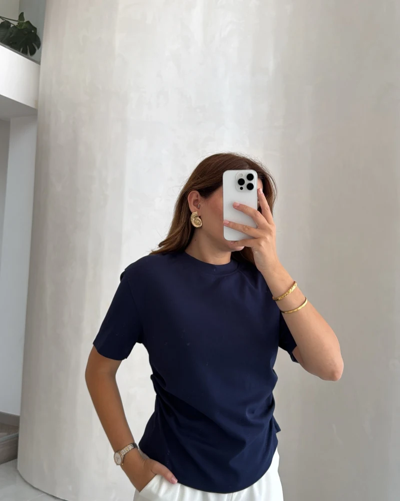Yanı Pileli Arkası Yırtmaçlı Bluz - Lacivert - Kod: 4559