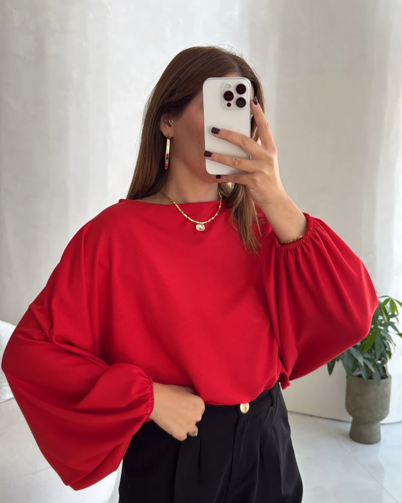 Yarasa Kol Oversize Bluz - Kırmızı - Kod: 1627