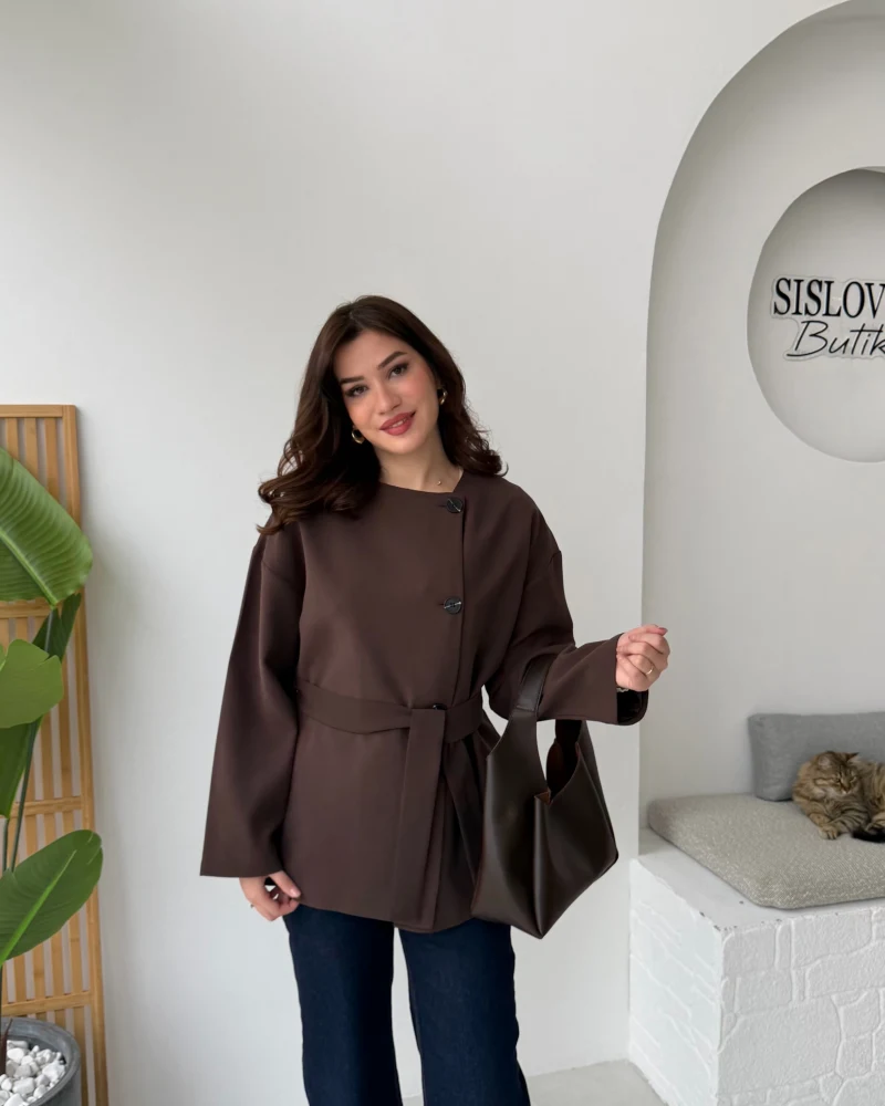 Yazzy Kemerli Kısa Trenç - Acı Kahve - Kod: 7672