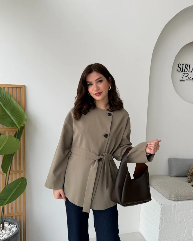 Yazzy Kemerli Kısa Trenç - Haki - Kod: 7672