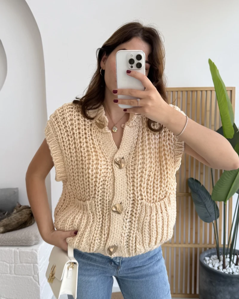 Yelek Büyük Düğmeli Örgü - Krem