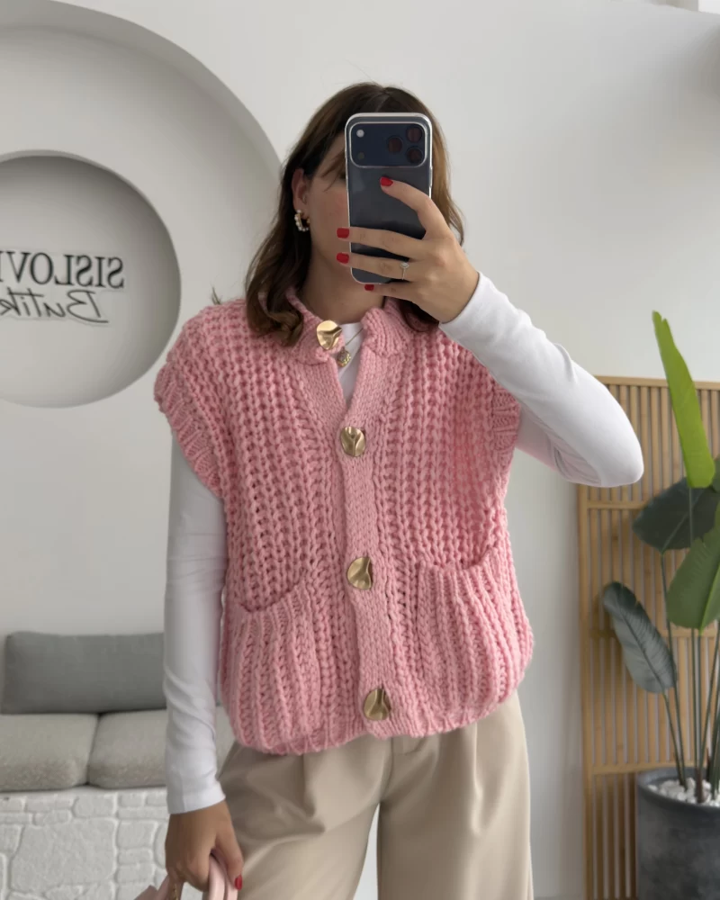 Yelek Büyük Düğmeli Örgü - Pembe