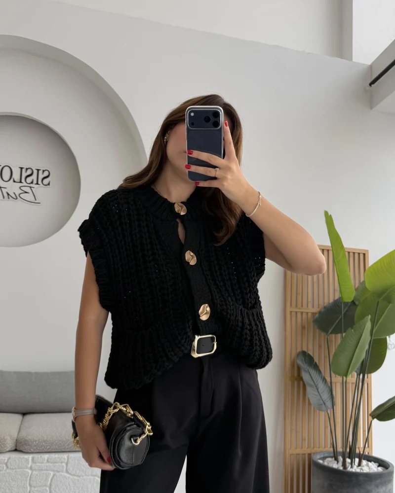 Yelek Büyük Düğmeli Örgü - Siyah