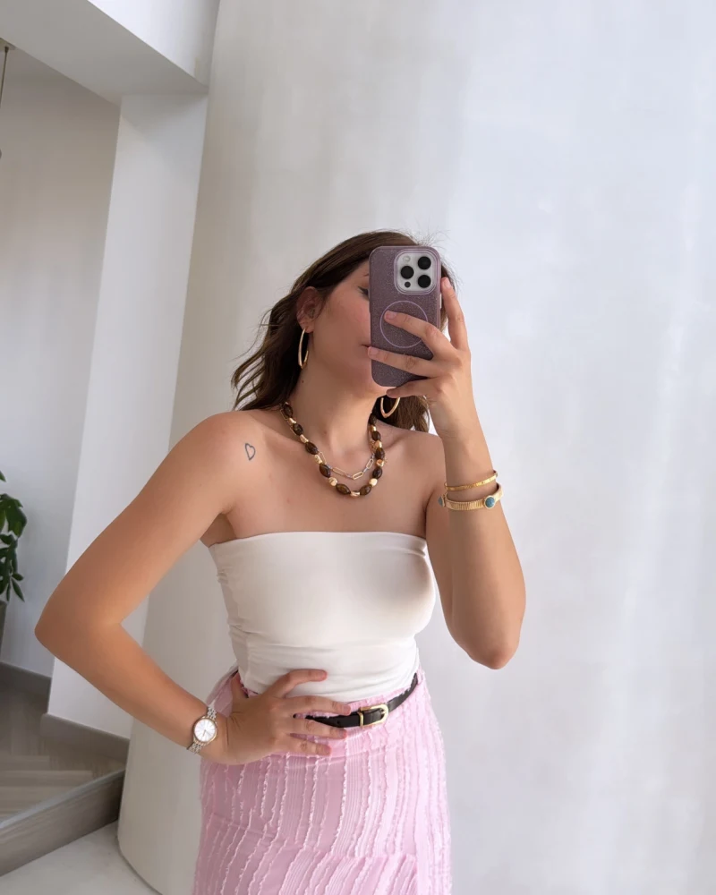 Yırtmaç Detay Straplez Göğüs Pedli Body - Beyaz