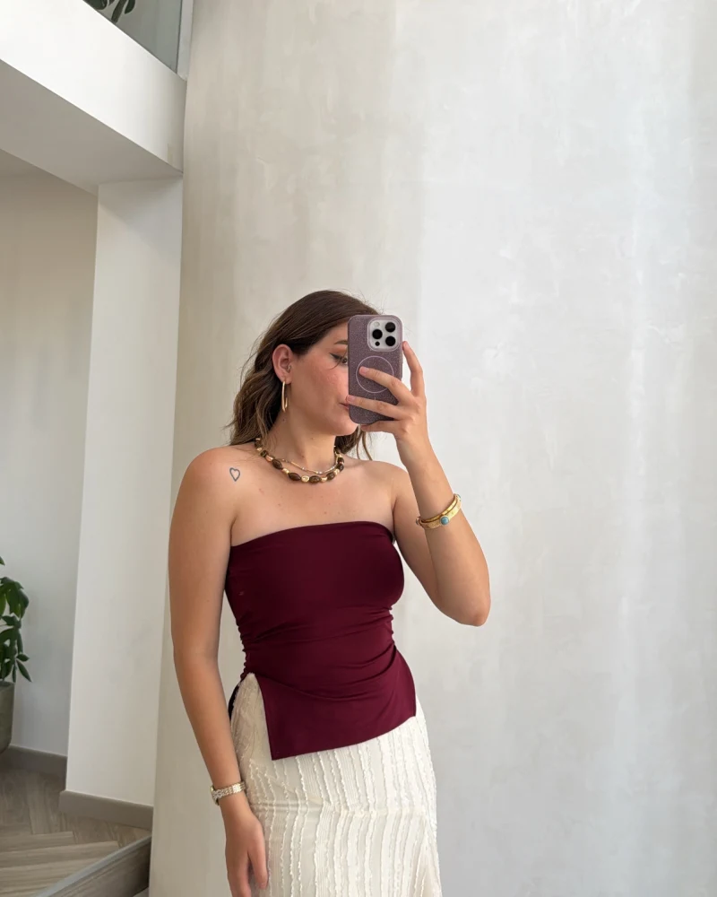 Yırtmaç Detay Straplez Göğüs Pedli Body - Bordo