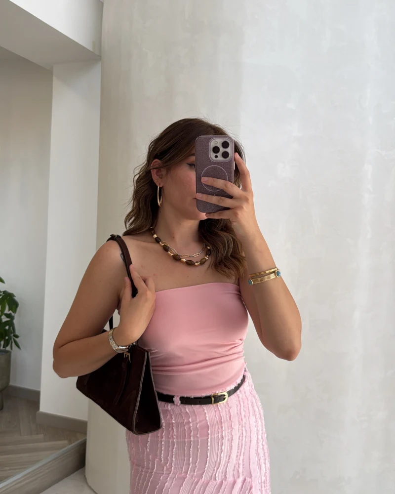 Yırtmaç Detay Straplez Göğüs Pedli Body - Pembe