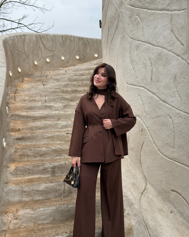 Yuna Fular Detay Bağcıklı Ceket Takım - Acı Kahve - Kod: 6003