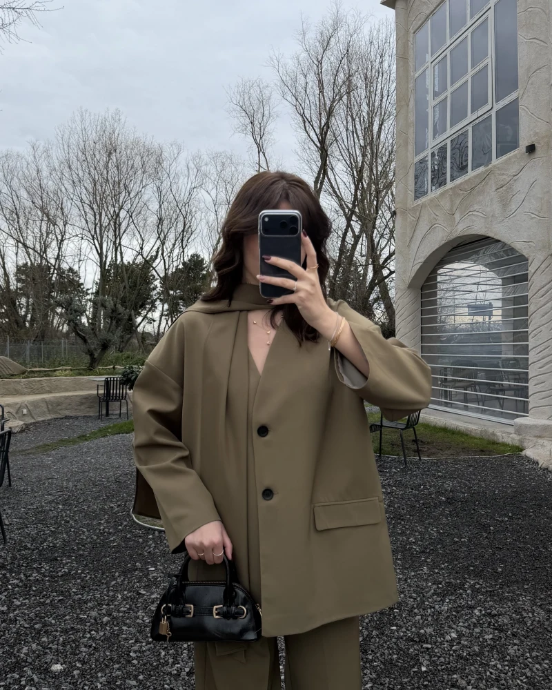 Yuna Fular Detay Bağcıklı Ceket Takım - Haki - Kod: 6003