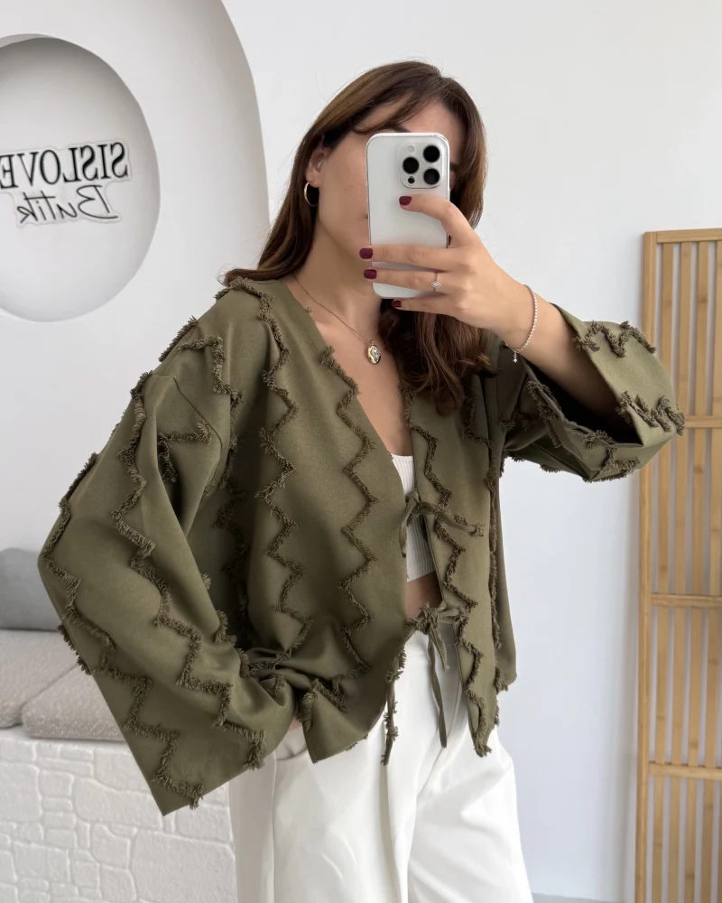 Zikzak Püsküllü Kimono - Haki - Kod: 7030