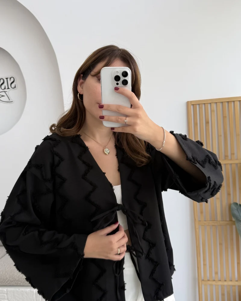 Zikzak Püsküllü Kimono - Siyah - Kod: 7030