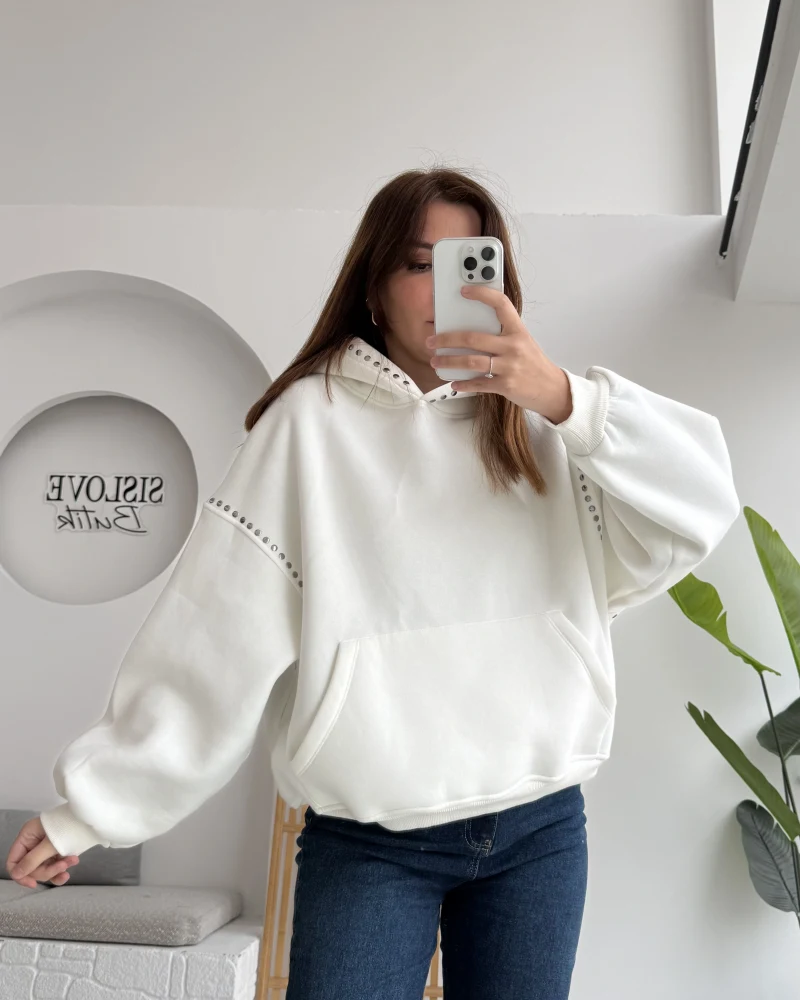 Zımba Detaylı Kapüşonlu Sweatshirt - Beyaz