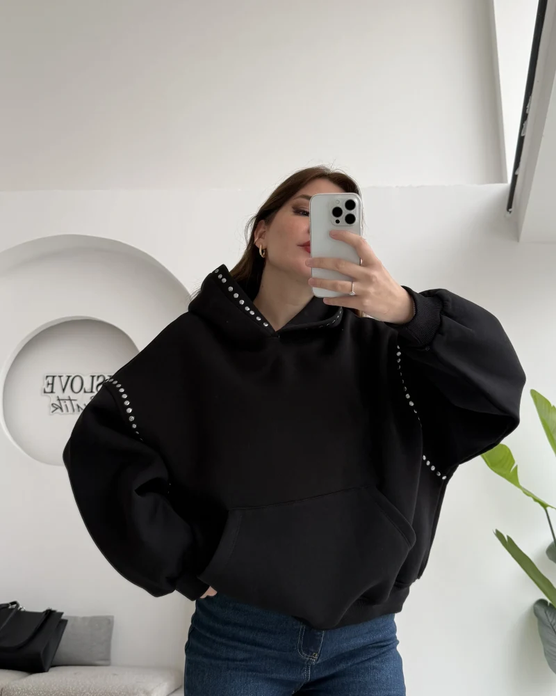 Zımba Detaylı Kapüşonlu Sweatshirt - Siyah