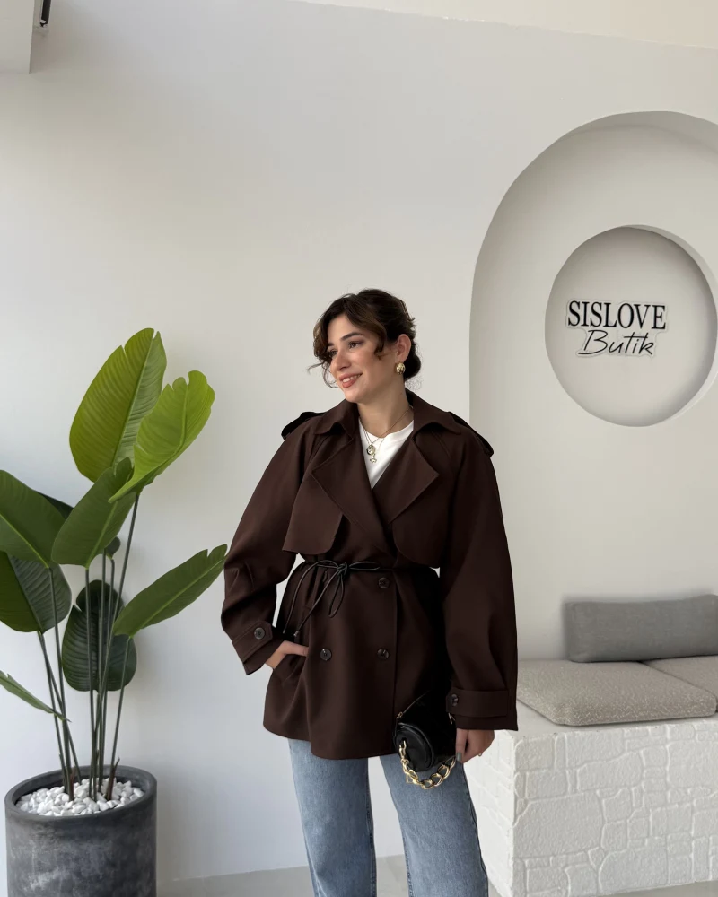 Zoya Deri İpli Kısa Trençkot - Acı Kahve - Kod: 7488