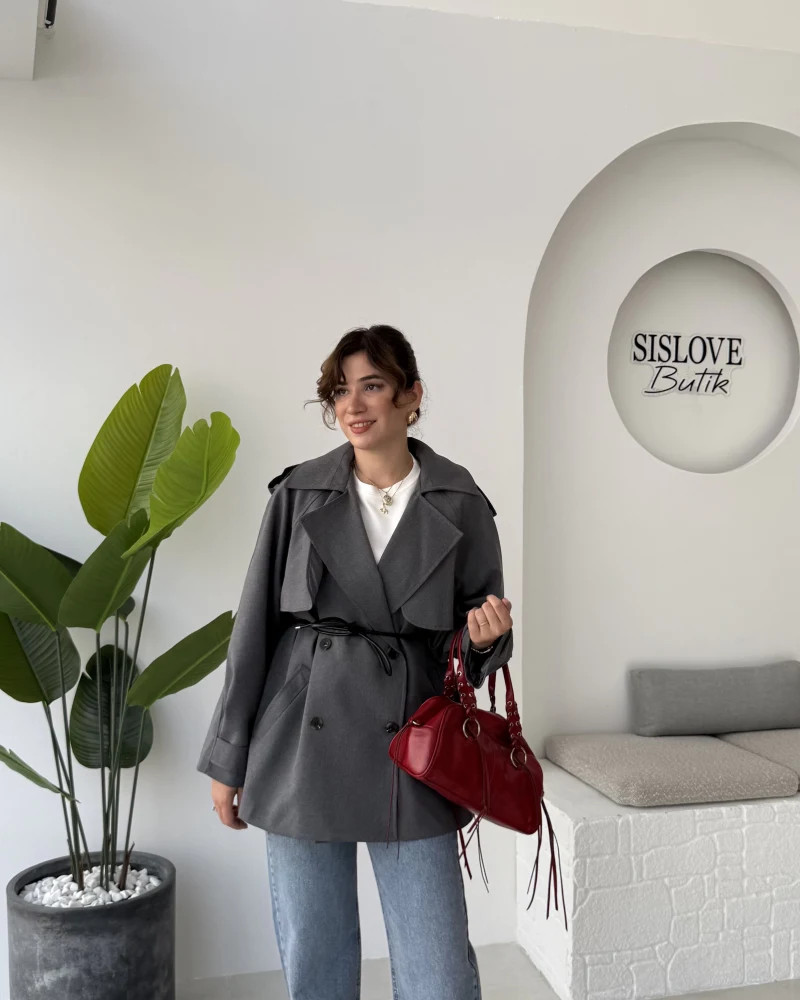 Zoya Deri İpli Kısa Trençkot - Antrasit - Kod: 7488