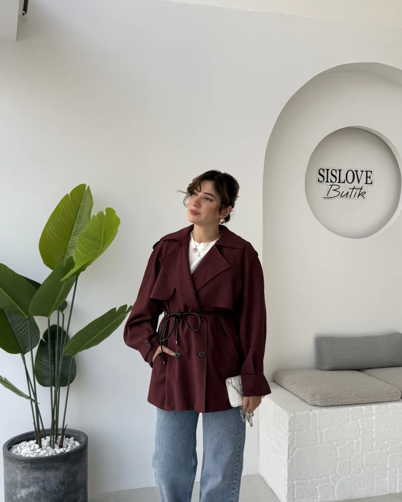 Zoya Deri İpli Kısa Trençkot - Bordo - Kod: 7488