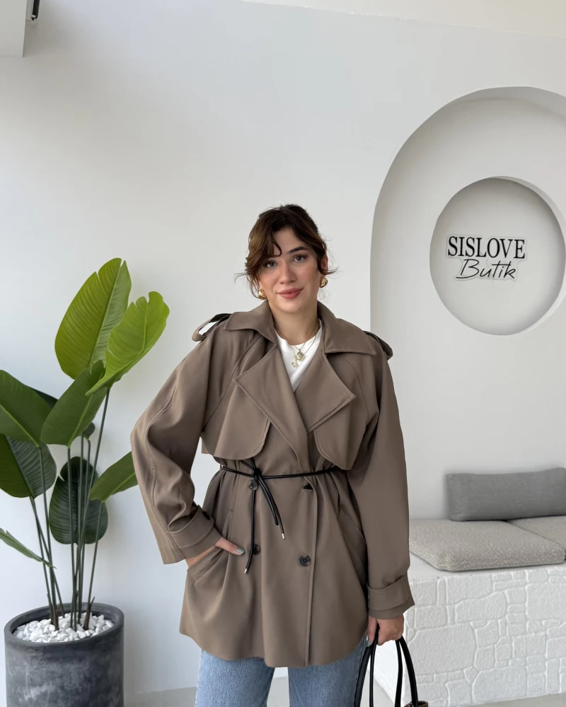 Zoya Deri İpli Kısa Trençkot - Haki Tonları - Kod: 7488