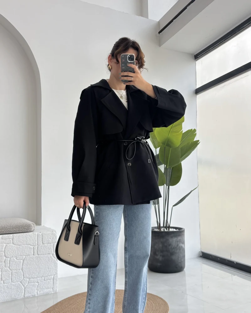 Zoya Deri İpli Kısa Trençkot - Siyah - Kod: 7488