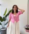 1017 - Arin Kolu Lastik Detay Bluz - Şeker Pembesi