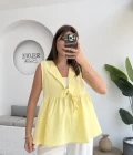 V Yaka Bağcıklı Bluz-1012-Sarı