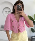 Bodrum Bluz Müslin Kumaş Nakış Detay - Pembe