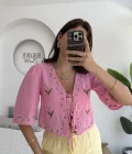 Bodrum Bluz Müslin Kumaş Nakış Detay - Pembe
