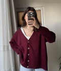 Bordo Gold Düğmeli Hırka