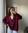 Bordo Gold Düğmeli Hırka