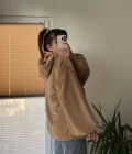Cepli Peluş Uzun Kapüşonlu Sweatshirt Camel