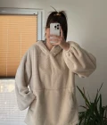 Cepli Peluş Uzun Kapüşonlu Sweatshirt Krem