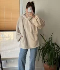 Cepli Peluş Uzun Kapüşonlu Sweatshirt Krem