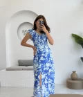 Çiçek Desenli Elbise - 3064 - Mavi