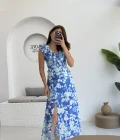 Çiçek Desenli Elbise - 3064 - Mavi
