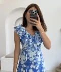 Çiçek Desenli Elbise - 3064 - Mavi